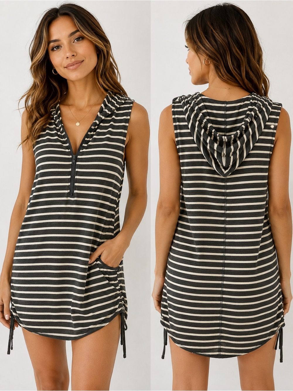 Exist Hooded Sleeveless Striped Tunic Dress Cover-Up | Medium
